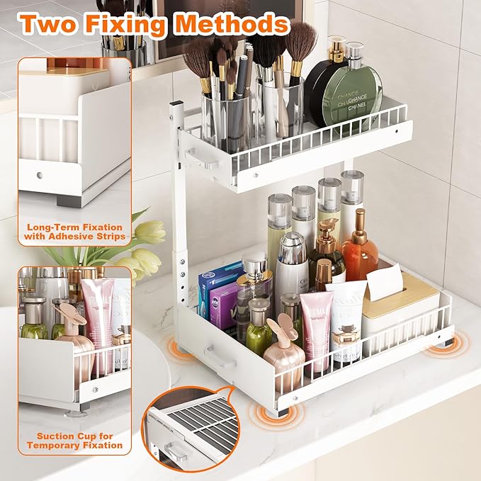 Under Sink Organizer,2 Tier Slide Out Kitchen Cabinet Organizers with Pulley,Under Bathroom Sink Pull Out Organizer with Multiple Height Adjustments for Kitchen and Bathroom Cabinets-White