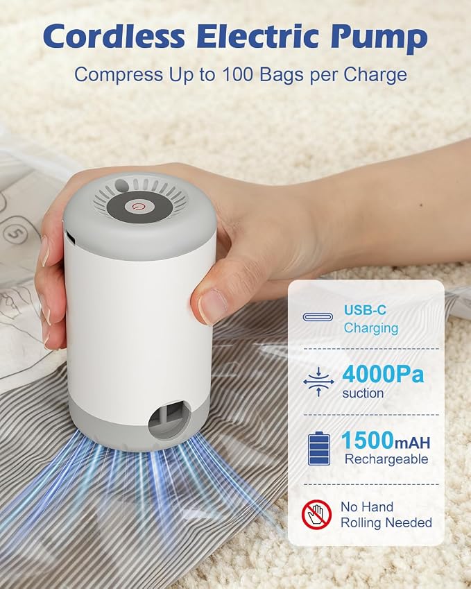 Fantictas Travel Vacuum Bags with Pump, 12 Pack Small Vacuum Storage Bags for Clothing, Travel Lugggage and Suitcase 80% Space Saver Vacuum Seal Bags for Clothing, Comforters