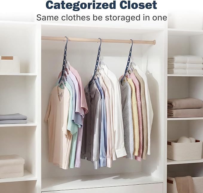 HOUSE DAY Space Saving Hangers 10 Pack, Closet Organizers and Storage | Sturdy Cascading Hangers with 5 Holes for Heavy Clothes, Multi Hangers in One, College Dorm Room Essentials - Misty Blue