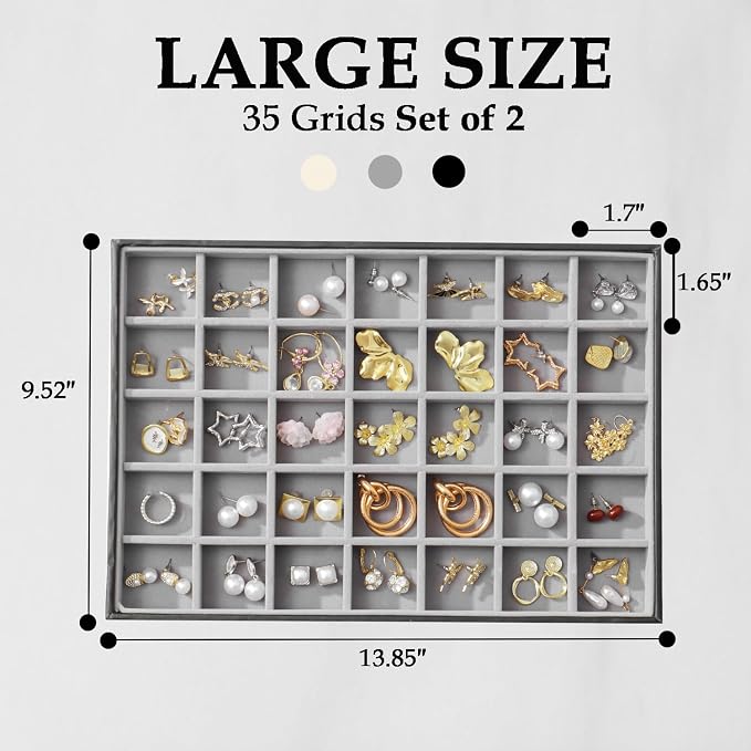 Large Jewelry Organizer Tray 2 Pack, Stackable Jewelry Storage Holder for Drawer Inserts, PU Leather Velvet Jewellery Display Case for Earring Bracelet Necklace Ring (Black Gray, 35 Grids)