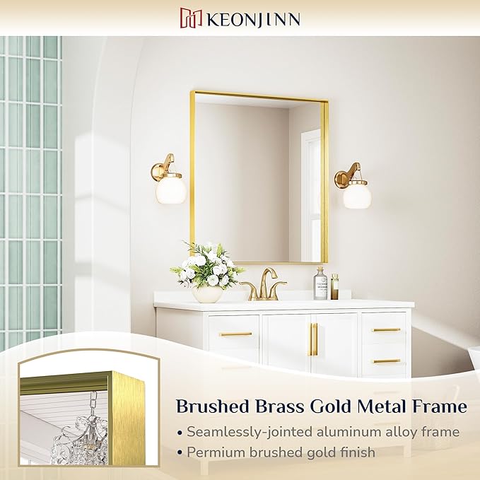 Keonjinn 30 x 36 in Brushed Gold Bathroom Mirror for Over Sink Metal Framed Rectangular Wall Mirror Shiny Gold Mirror for Vanity Aluminum Alloy Brass Gold Rectangle Mirror (Horizontal/Vertical)