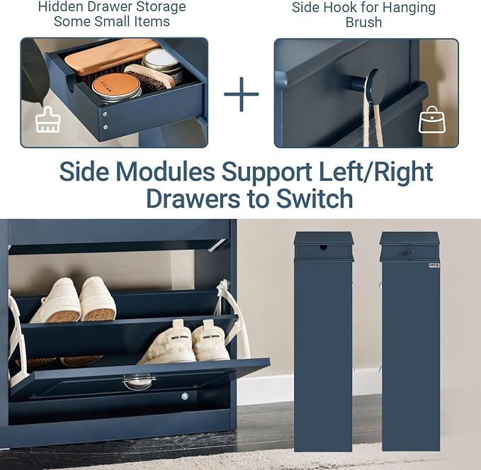 Haotian Slim Shoe Cabinet | Shoe Storage Cupboard Organizer Unit for Entryway 2 Flip-Drawers, Hallway and Bedroom Navy FSR78-B