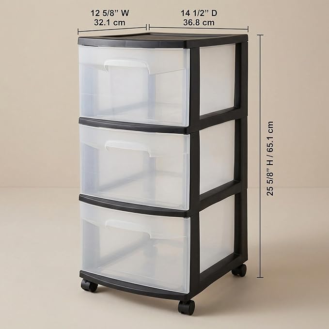 3 Drawer Plastic Storage Cart, Clear Rolling Home Office Organizer Black | Removable wheels switch between rolling mobility & stationary stability for any room.