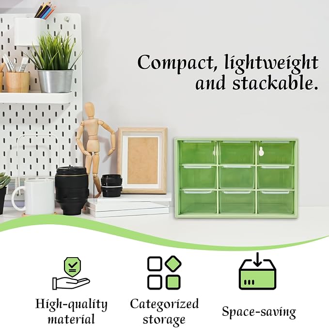 Small Drawer Organizer for Desk, 7.1" x 3.8" x 4.6" Mini Desktop Drawer Organizer with 9 Clear Drawers, Compact Craft & Office Supplies Organizer for Home School (Green)