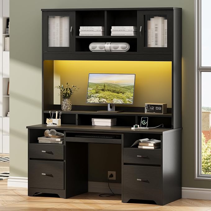 Bestier 77.8" H Computer Desk with Hutch, Charging Station, LED Light,Black | Modern Wood Executive Desk with Drawers, Fluted Storage Cabinet, Keyboard Tray, 59" W Office Desk for Home Office