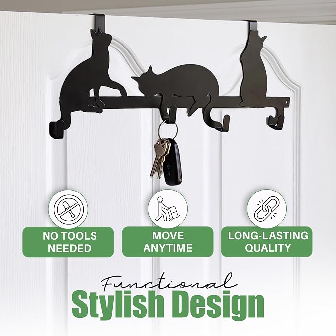 Evelots Over The Door 4 Hook Towel/Coat Rack Hanger Organizer, Kitty Cat Design-Easy No Tool Installation-Black Iron-Holds 20 lbs.