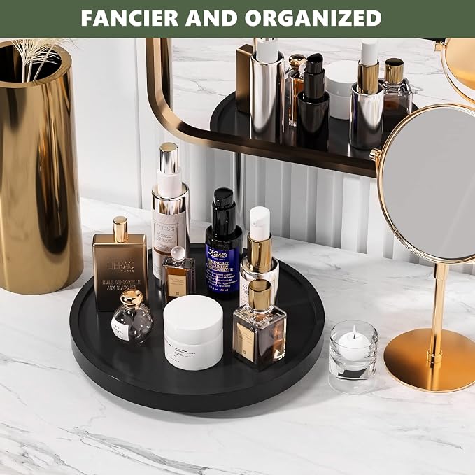 VeyFey Turntable Vanity Tray, 10 Inch Bamboo Countertop Organizer | Perfume Candle Tray for Kitchen Sink, Keep Glass Sponge and Soap, Bathroom Coffee Table Decorative Organizer, Black