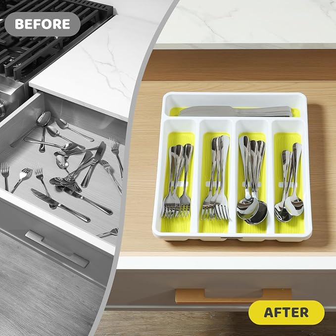 shopwithgreen Silverware Organizer with Cutlery Icons，Silverware Tray for Kitchen Drawer，Plastic Flatware Drawer Organizer Utensil Organizer with Non-slip TPR Linings，5-Compartment Silverware Caddy