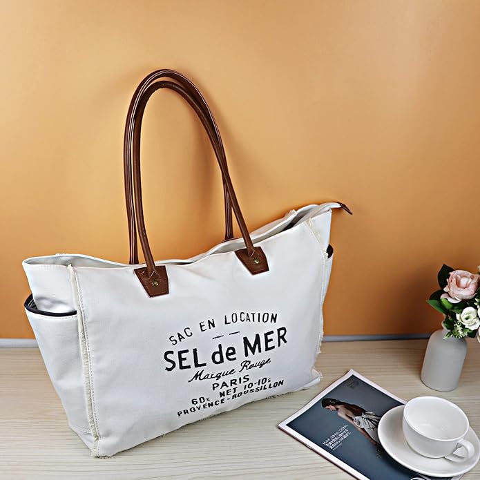Lamyba Sel De Mer Canvas HandBag Upcycled Canvas Leather Tote Bag