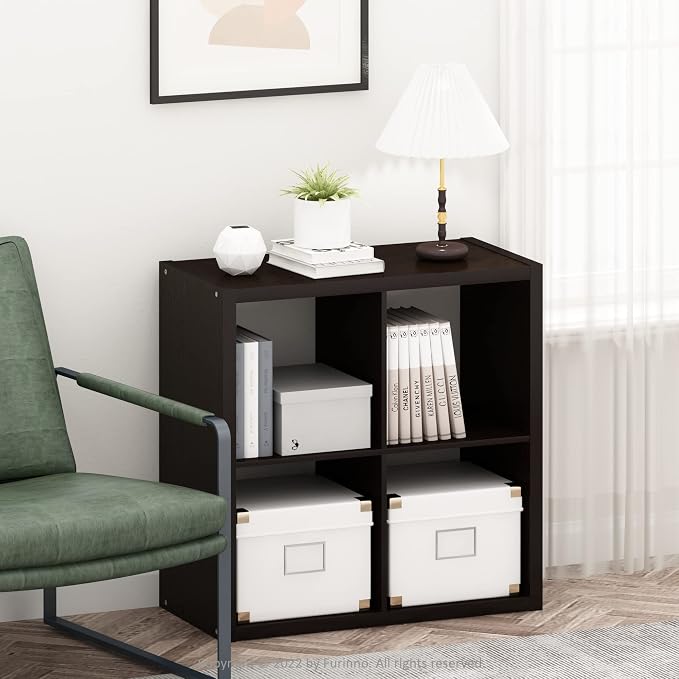 Furinno CUBICLE 4-Cube Book Shelf, Extra Thick Frame Bookshelf, Dark Oak | 14.6" x 30" x 30", Reversible Bookcase with Open Back, for Living Room, Bedroom, Home Office