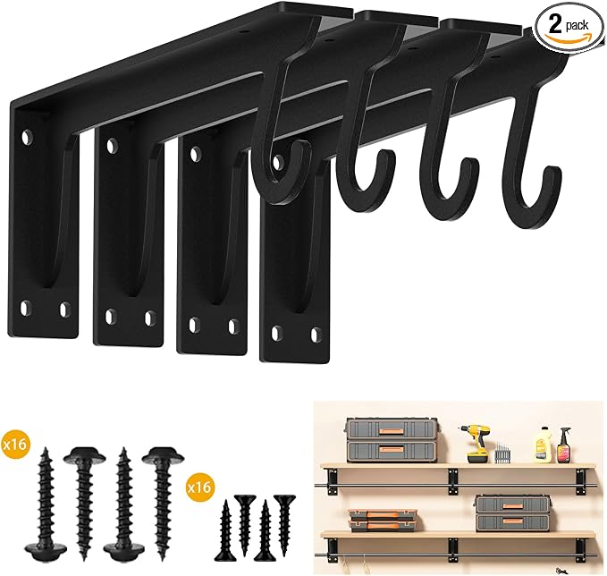 13.5x5.6inch Closet Rod Bracket Heavy Duty Support 400 lbs (4pack Black) | Sturdiness Wall Mounted L-shaped Shelf Brackets with Holders for Kitchen Bathroom Bedroom Office