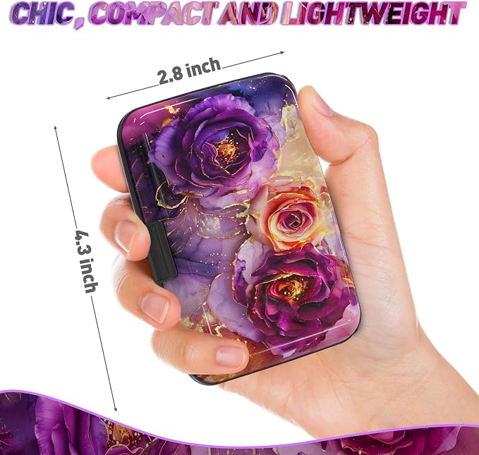 Credit Card Holder, Business Card Case Mini RFID Small Aluminum Card Wallet | Blocking Slim Metal RFID Blocking Front Pocket Wallet Hard Case Durable CC Holder for Women Girl, Purple Marble Flower