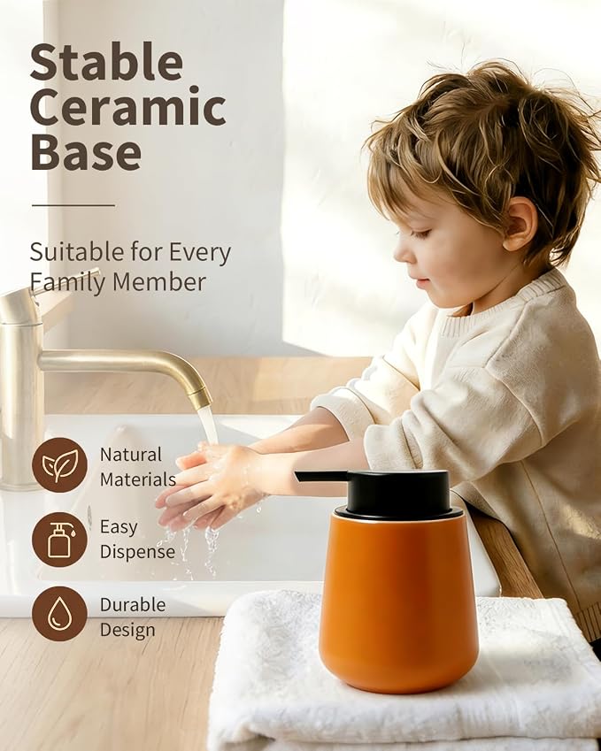 Bosilunlife 12Oz Ceramic Foam Soap Dispenser for Bathroom Kitchen Counter | Premium countertop foam pump creates delicate dense foam, stable desktop placement, Orange