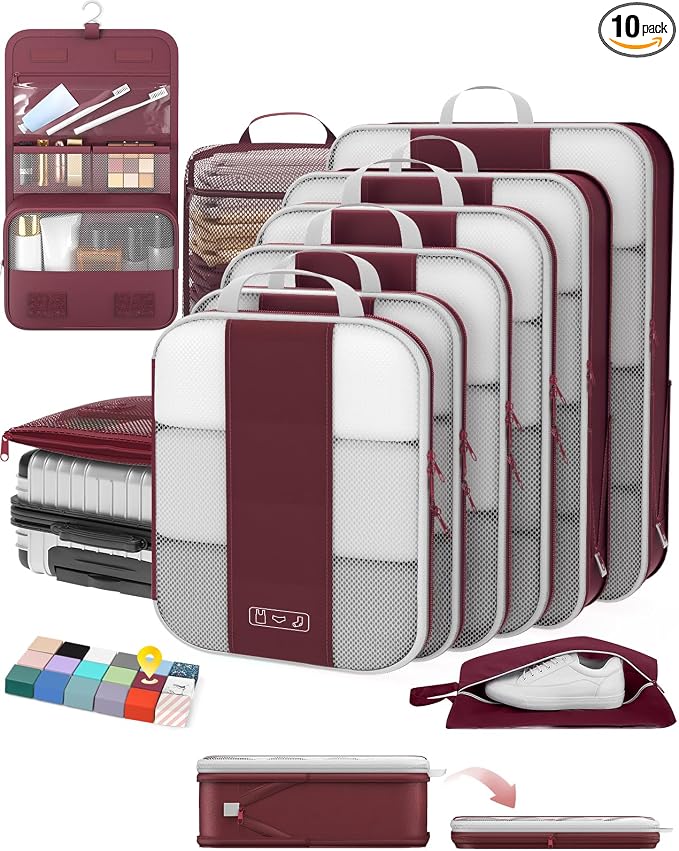 OlarHike 10 Set Compression Packing Cubes for Travel Essentials,Compressible Expandable Space Saver Bags for Organizing Clothes,Luggage Suitcase Garment Bags with Over 1000 pcs Mesh Holes(Wine Red)