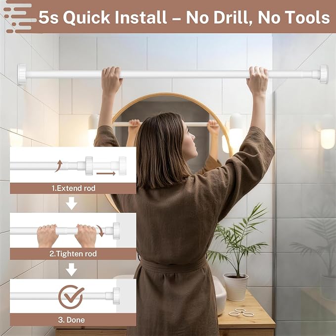 Shower Curtain Rod Tension No Drill Adjustable 30-43 Inch, White | One-Piece Single Telescopic Rod No Splicing, 1" Diameter Anti-Rust Tool-Free for Bathroom Window Closet Room Divider Kitchen
