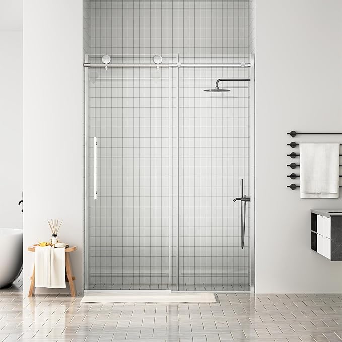 WinZo Frameless Shower Door 50-54 in W x 75 in H, Sliding Shower Door with 5/16"(8mm) Clear Tempered Glass Shower Door, Easy to Clean Bathroom, Silent Soft-Close Design, Brushed Nickel