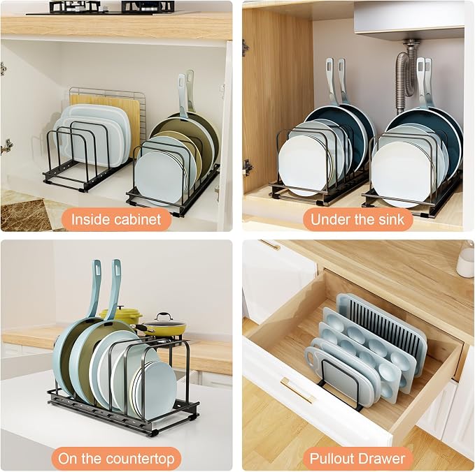 TEAMOLA Metal Cutting Board Organizer - Adjustable Bakeware Rack 1-Pack | Black Metal Kitchen Rack Organizer, Adjustable Holder Fits Pans Lids Sheets, Cabinet Counter Under Sink Caddy with 7 Slots