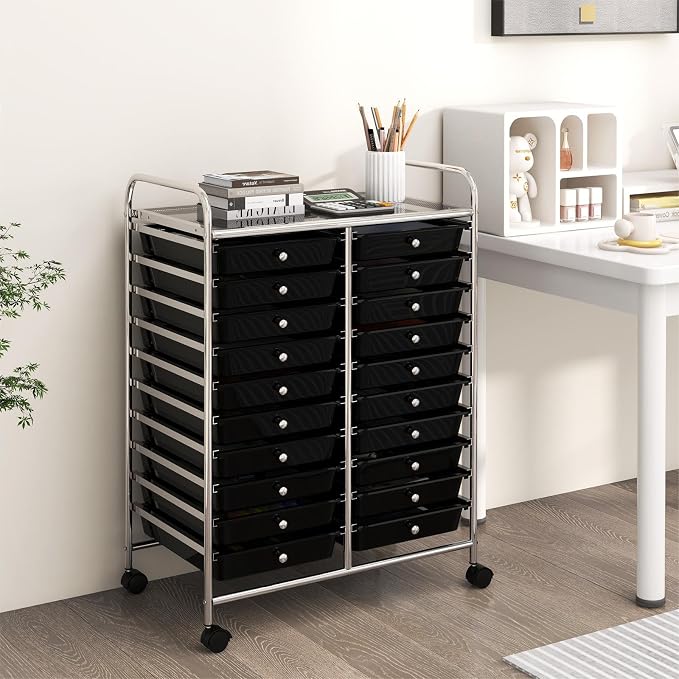 DREAMADE Rolling Cart With Storage Drawers, Utility Cart With Removable Plastic Drawers, Lockable Wheels for Classroom Organization, Art Supplies, Office, Scrapbook (20 Drawers, Black)