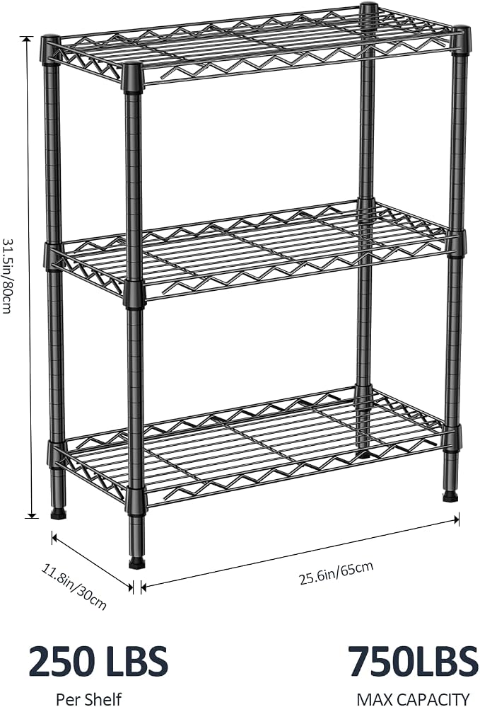 3 Tier Wire Shelving Unit, Small Metal Wire Shelf for Kitchen & Bathroom | 11.8" D X 25.6" W X 31.5" H Adjustable Black Storage Shelf, 750 LBS Shelf Rack Organizer for Bedroom, Office and Small Spaces
