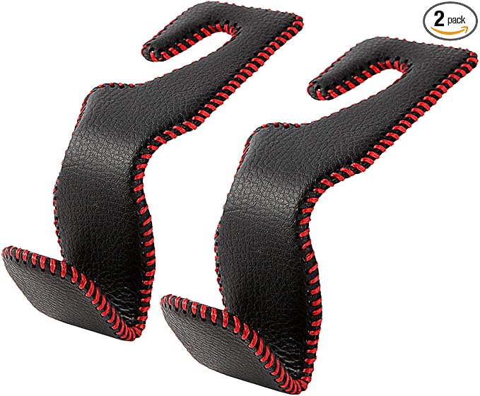 AMVOYOA Car Headrest Hook, Leather Vehicle Back Seat Hanger Storage for Purse Groceries Bag and More, Black&Red, Pack of 2