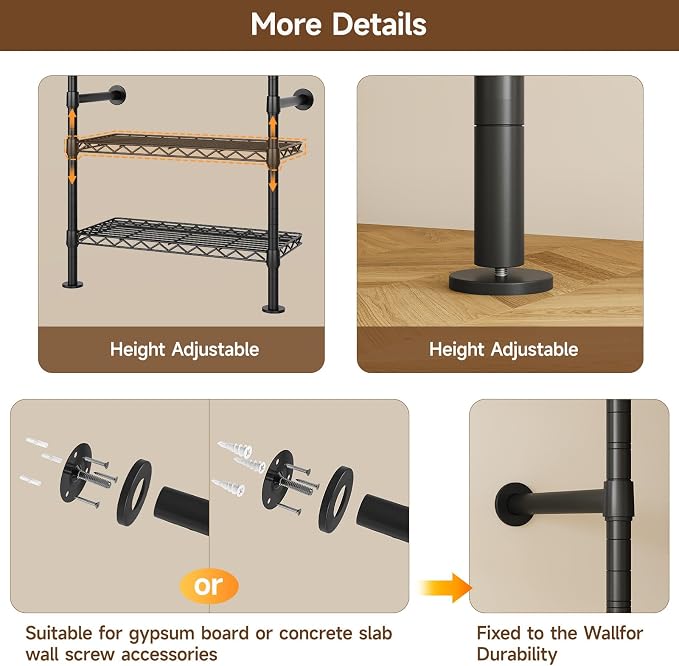 H5 Wall Mounted Closet System, Industrial Pipe Clothes Racks Clothing Rack with 4 Telescopic Rods & 3 Fixing Rods & 9 Shelves, Heavy Duty Closet Organizers and Storage in Wardrobe Closet (Black)