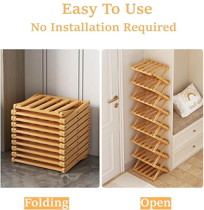 6 Tier Foldable Shoe Rack, Bamboo Vertical Shoe Organizer Tall for Multifunctional Narrow Shoe Shelf for Entryway, Closet, Corner, Bedroom, Hallway(Natural)