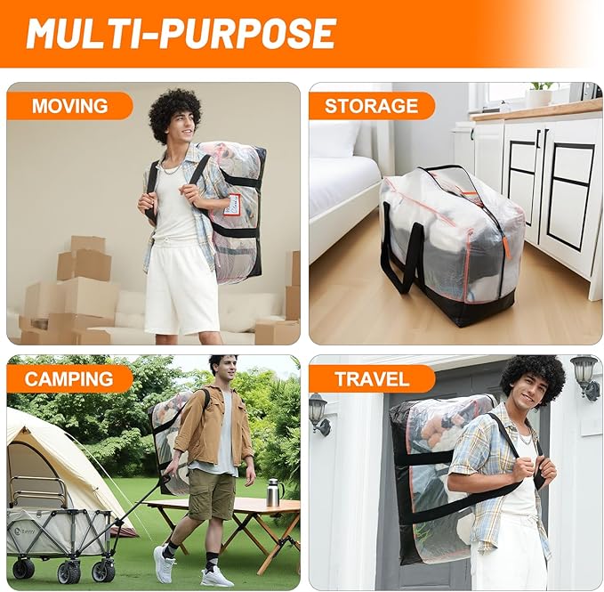 6 Pack Large Moving Bags, 115lb Capacity Heavy Duty Packing Bags with Internal Compression Straps, Storage Bag with Zippers and Strong Handles, Alternative to Moving Boxes -103L,Clear and Black