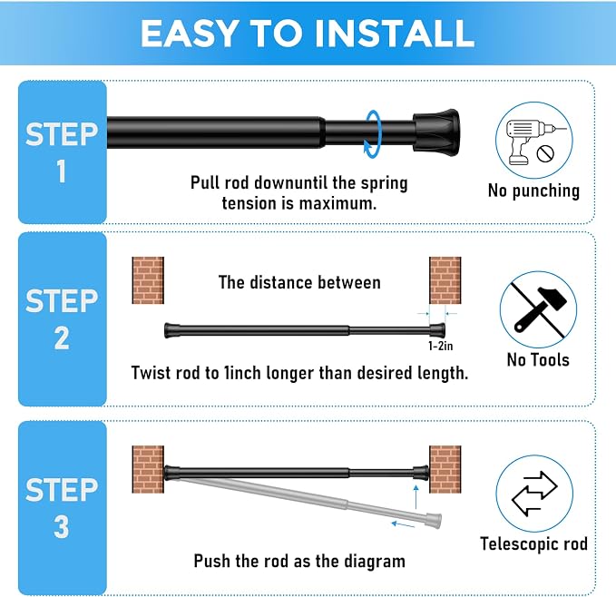 3 Pack Small Tension Rod 26-39 Inch Black Tension Curtain Rod Adjustable Spring Curtain Rods No Drilling Expandable Pressure Curtain Rods for Windows,Closets,Doorway,Kitchen