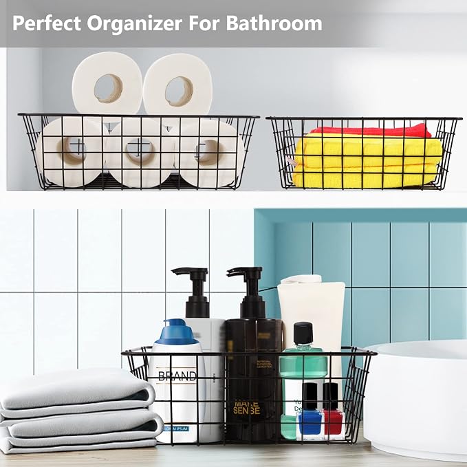Wire Baskets for Organizing 4 Pack Pantry Storage Baskets 13.2x10.4x4.3 in | Large Wire Baskets for Organizing Pantry Storage Bins Metal Wall Hanging Basket for Kitchen Cabinet Shelf Garage (Black)