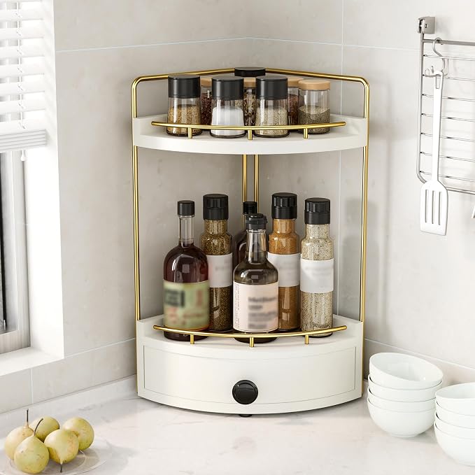 2-Tier Corner Bathroom Counter Organizer with Drawer, White Gold | Embedded Screw Holes, Wooden Countertop Organizers, Space-Saving, Bottom Ventilation Design, Counter Shelf for Vanity