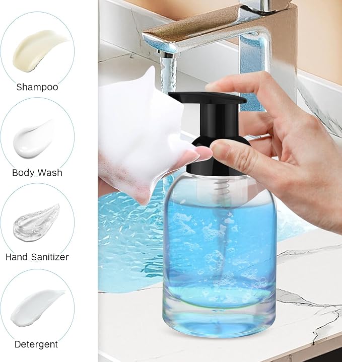 250ml 2 Pack Reusable Glass Foaming Dispenser Bottles Refillable Pump Containers for Shower Gel,Soap & Skincare Solutions