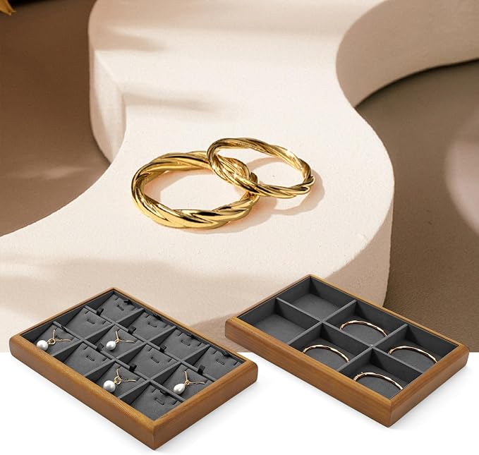 Oirlv Dark Grey Wood Jewelry Tray for Ring Display & Storage | Solid wood base with microfiber lining, multi-compartment design, ideal for jewelry display, ring storage & shop showcase