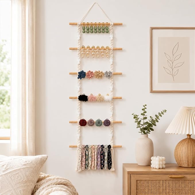 Macrame Hair Claw Clip Organizer Boho Wall Hanging | Hair Clip Storage Holder, For Claw Clips, For Hats & Scarves, Door & Closet Use, Home Decor