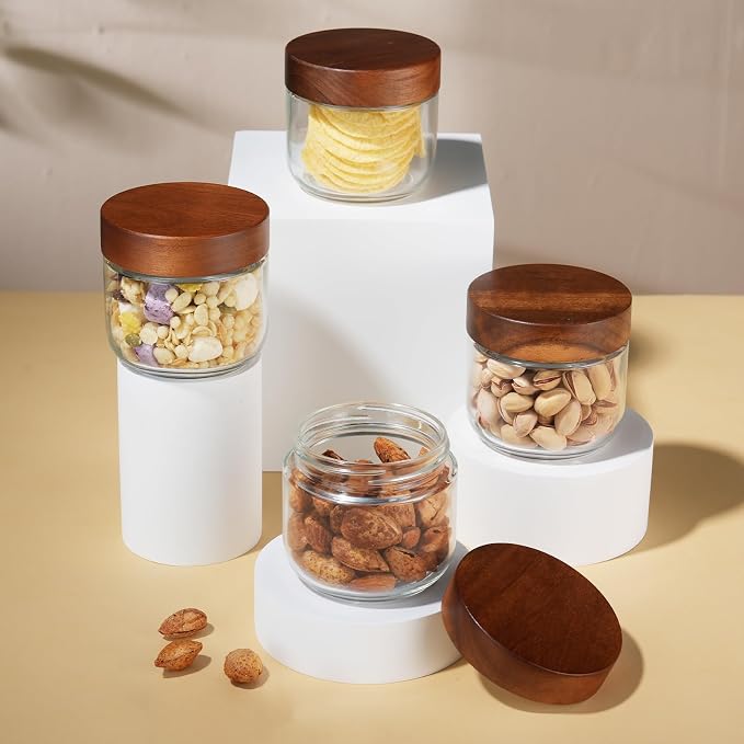Bumobum 8 oz Glass Jars with Lids, Small Jars for Loose Leaf Tea, 6 Pack | Airtight containers with acacia wood tops and wide openings; for loose leaf tea storage, coffee, snacks, yogurt and spices.