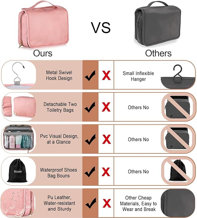 Elviros Hanging Travel Toiletry Bag for Women, 3-in-1 Large Makeup Bag and Cosmetic Organizer, Vegan Leather Waterproof Skincare Case for Travel Size Toiletries and Accessories, Gift for Women