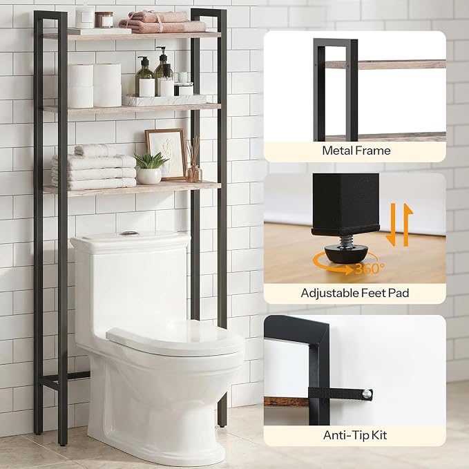 HOOBRO Over The Toilet Storage, 3-Tier Bathroom Organizer Shelf Over Toilet, Freestanding Bathroom Storage Shelves, Space Saver, Easy to Assemble for Room, Greige and Black BG41TS01