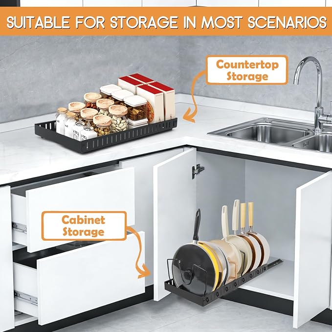 XIAPIA 2 Pack Pull Out Pots and Pans Organizer Under Kitchen Cabinet | Pot Lid Organizer, Slide Out Cookware Storage Rack with 8 Adjustable Dividers, Pull Out Shelves for Dishware Seasoning, Black