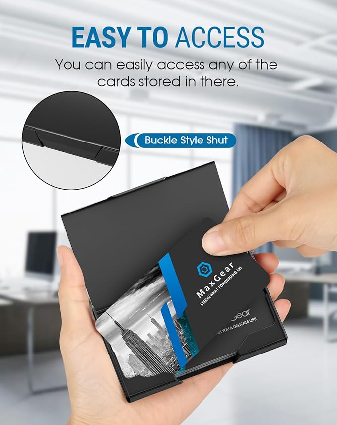 MaxGear Stainless Steel & ABS Business Card Holder, Slim Card Case, Black | Buckle Closure, Fits Standard Business Cards and Credit Cards