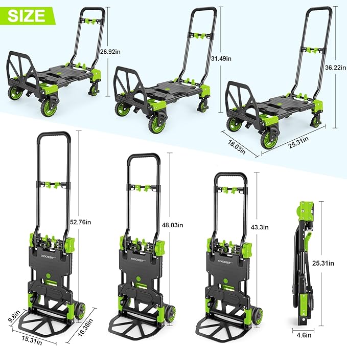 330LB Folding Hand Truck Heavy Duty Carrying, Combination of Four Wheels and Two Wheels Convertible Dolly Cart with Retractable Handle Dolly for Moving Office Carts(Green)