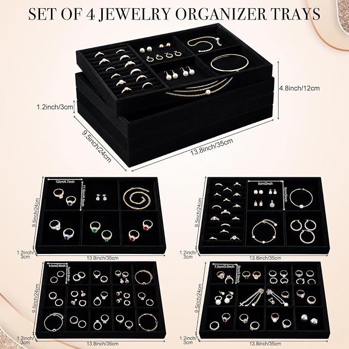 Unittype Set of 4 Stackable Jewelry Organizer Tray for Drawer Inserts Velvet Necklace Earring Bracelet Ring Holder Jewelry Display Storage Box for Bangle Stud Necklace Ring (Mixed Styles,Black)