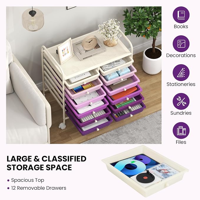 LDAILY 12 Drawer Rolling Storage Cart, Craft Cart Organizer on Wheels w/Metal Frame, Large Capacity & Smooth Drawer, Rolling Cart w/Drawers for Classroom, Office