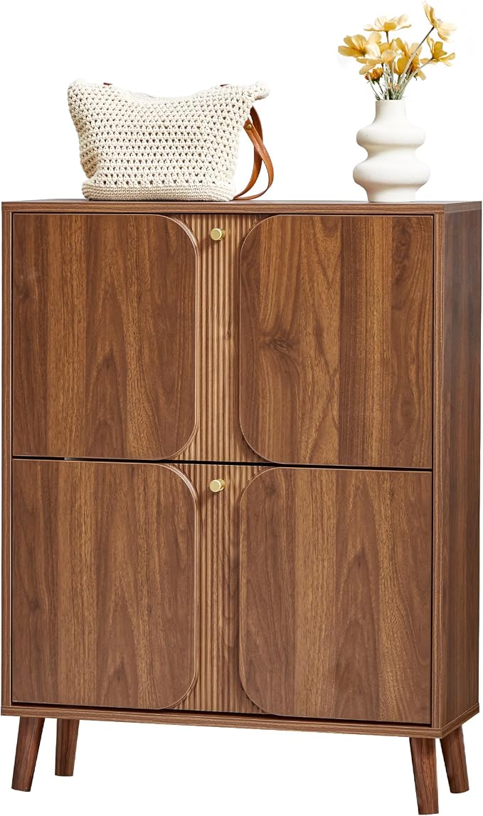 BERRYMERRY Shoe Cabinet with 2 Flip Drawers,Wood Hidden Shoes Storage Cabinet with Fluted Recessed Design, Freestanding Shoe Organizer Cabinet for Entryway, Hallway, Living Room