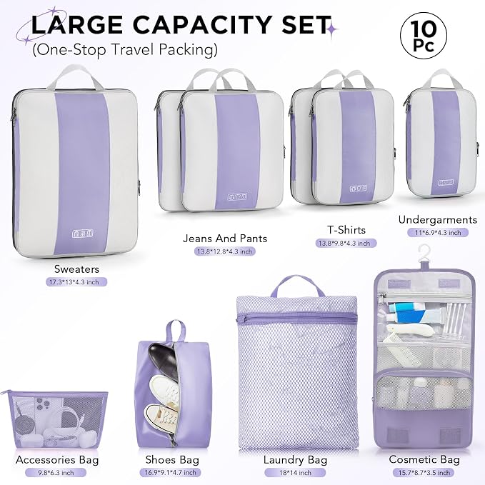 OlarHike 10 Set Compression Packing Cubes for Travel Essentials,Compressible Expandable Space Saver Bags for Organizing Clothes,Luggage Suitcase Garment Bags with Over 1000 pcs Mesh Holes(Purple Gray)
