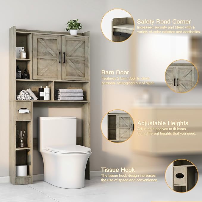 Vabches Over The Toilet Storage Cabinet with 2 Barn Doors, Grey | Farmhouse Storage Cabinet with Toilet Paper Holder Stand，Home Space-Saving Toilet Rack, for Bathroom, Restroom, Laundry