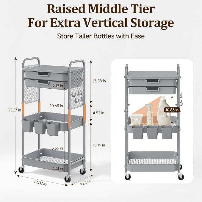 3 Tier Rolling Cart with 2 Drawers, Metal Utility Storage Carts with Wheels | Kitchen Rolling Cart 4.5" Deep Basket, Mesh Side Panel with 3 Cups, 4 Hooks for Office, Bedside, Craft Storage Cart