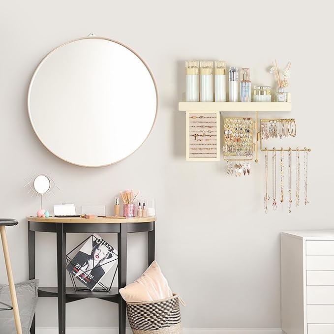SOLIMINTR Hanging Jewelry Organizer Wall Mount with Rustic Wood Shelf, Ring Display Box, Ear Studs Earring Holder, Rotating Necklace Holder Organizer Gold