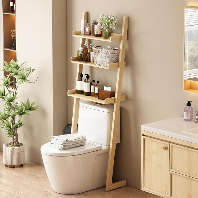 Solid Bamboo Toilet Shelf,3 Tier Bathroom Shelf with Anti-Slip Base | Solid bamboo over the toilet storage – naturally moisture-resistant for bathrooms, built for long-lasting durability