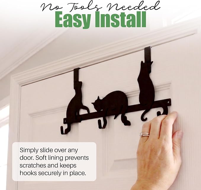 Evelots Over The Door 4 Hook Towel/Coat Rack Hanger Organizer, Kitty Cat Design-Easy No Tool Installation-Black Iron-Holds 20 lbs.