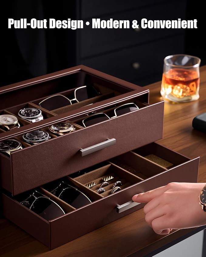 ProCase Watch Case, Mens Jewelry Box for 6 Watch & 5 Sunglasses -Brown | Pull-Out Drawer 2-Tier Leather Watch Organizer with Glass Display Top, fit Watches Size Up to 50 mm, Gift for Men & Women