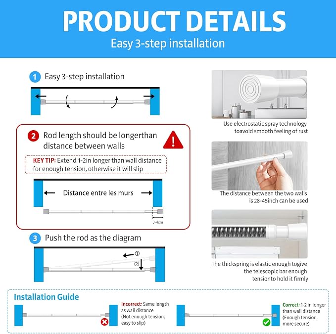 2 Pack Spring Tension Rods 28-45 Inches, 5/8 Inch Diameter White No Drill Spring Loaded Adjustable Extendable, Small Short Tension Curtain Rod for Windows Kitchen Doorway Closet Cupboard